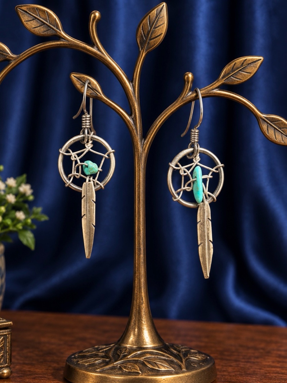Turquoise Accent Dreamcatcher Feather Drop Earrings Dainty Feminine Boho